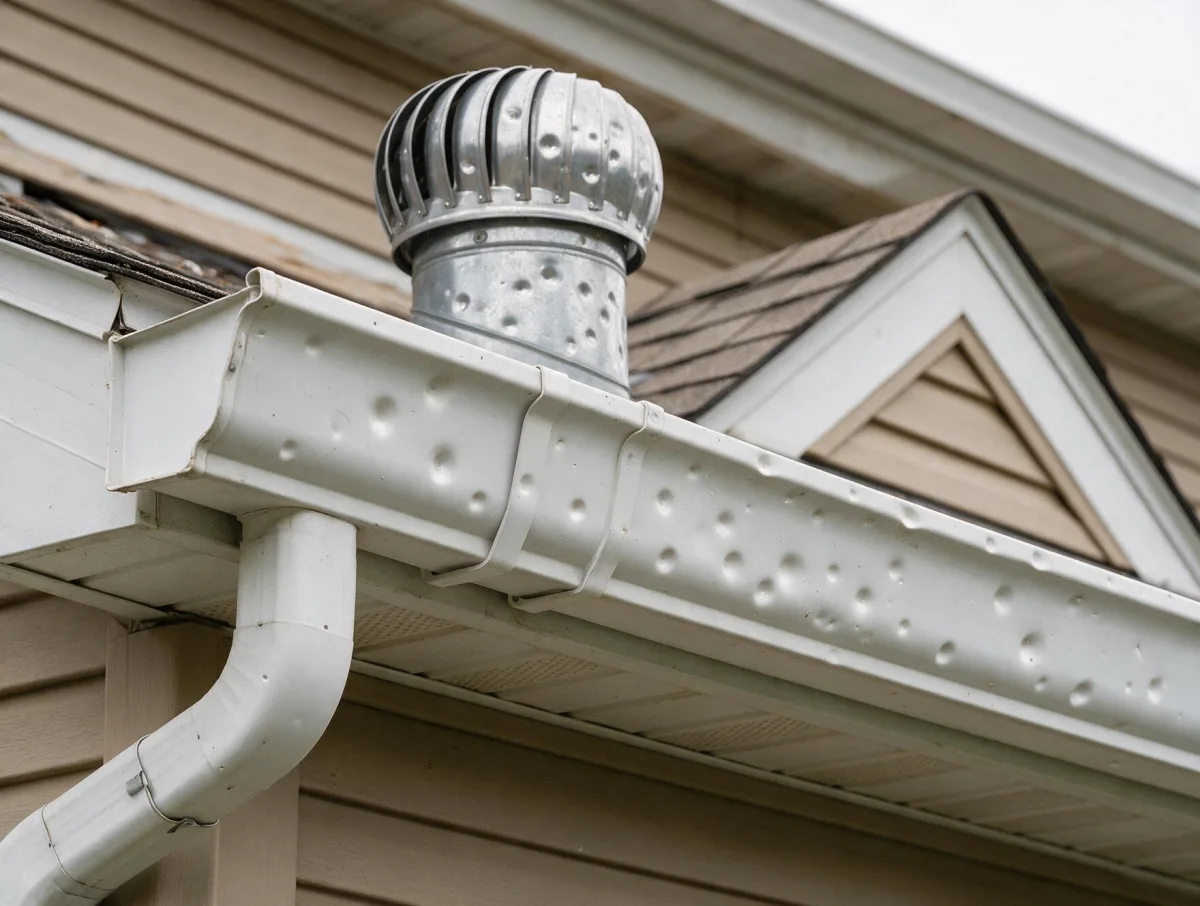 Example of round hail dents on an aluminum gutter and metal roof vent