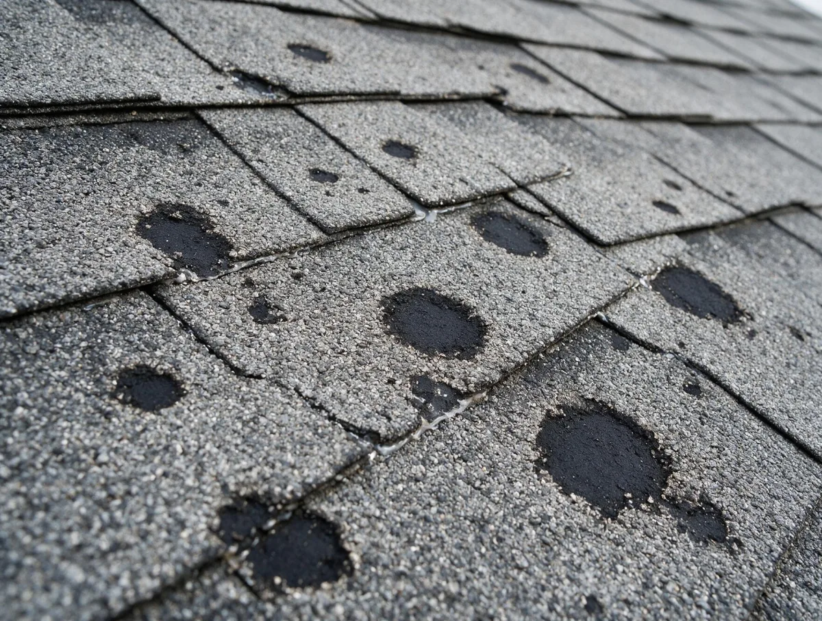 Example of hail impact bruising on asphalt shingles, where granules have been knocked away