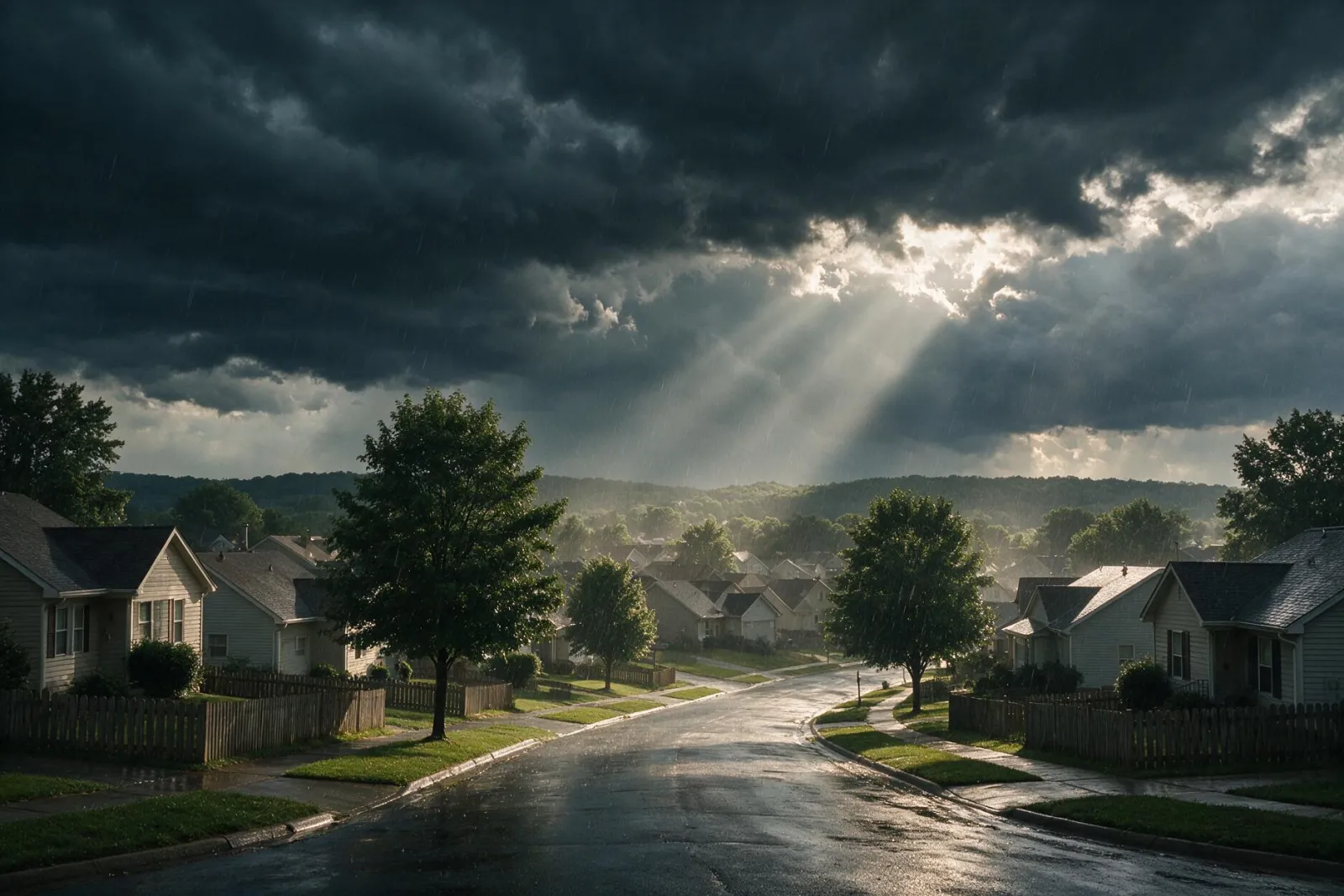 Severe storm moving over a residential neighborhood in the American Midwest