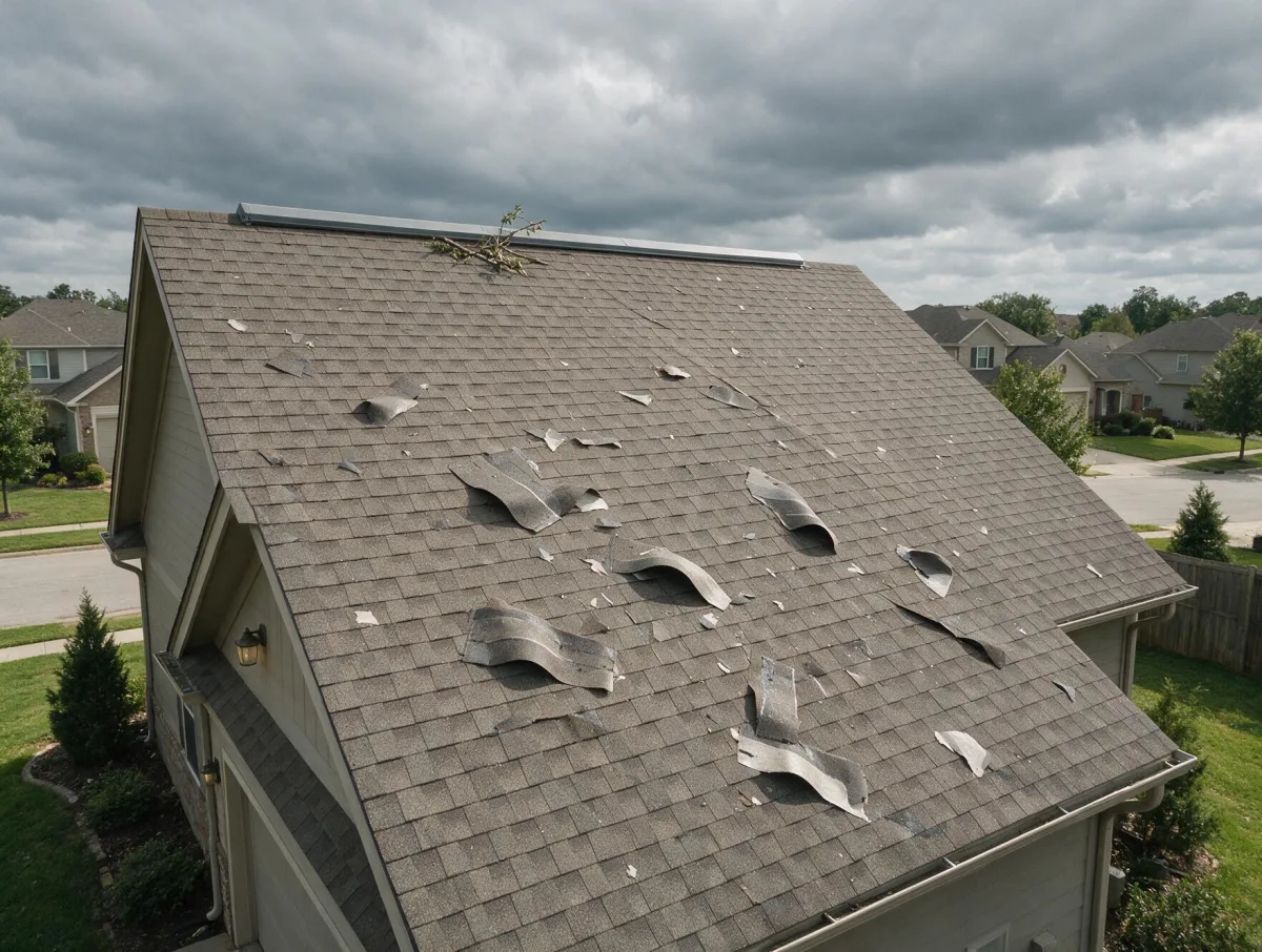 Example of asphalt shingles lifted and torn by high wind on a suburban roof